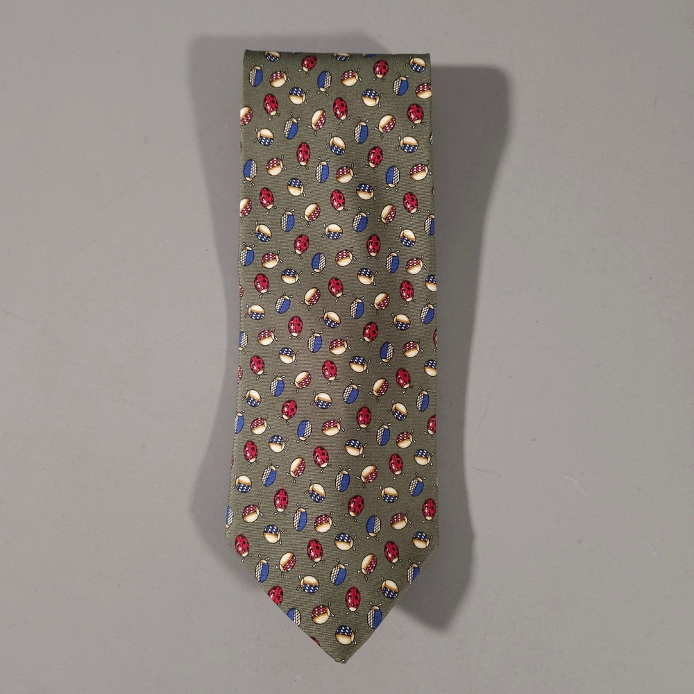 Brooks Brothers Tie Mens OS Olive Green Silk Ladybug Insect Pattern USA Made